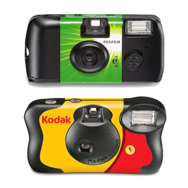 Two vintage film cameras, one green and black, the other yellow and black with Kodak branding.