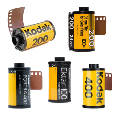 Various rolls of Kodak film in black and yellow packaging with different ISO ratings.